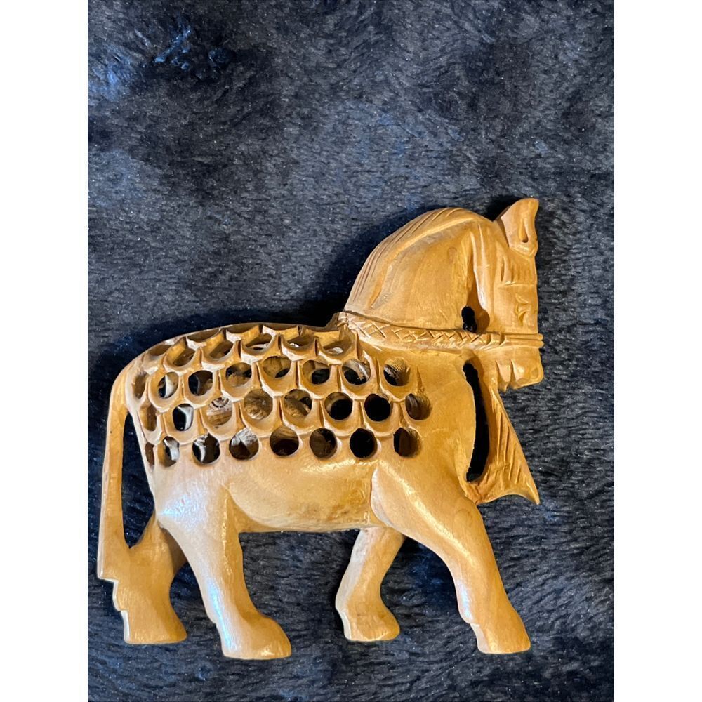 Intricately‎ Hand Carved Sandalwood Horse Figurine w/Baby Inside India